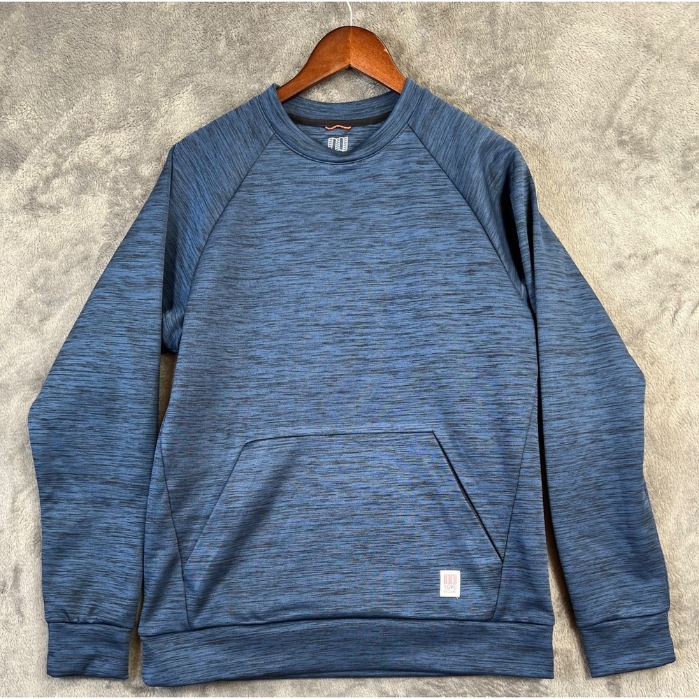Topo Designs Sweatshirt XL Heather Blue Black Poly Crewneck Outdoor Performance